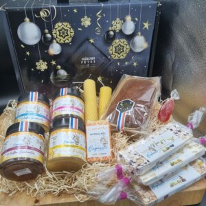 Pot de miel, savon au miel et bonbons artisanaux, coffret gourmand Noël Les Ruches de Capucine.