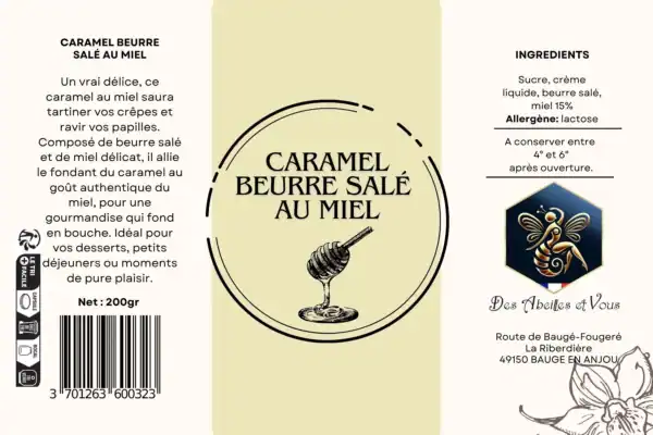 Label bio: caramel beurre salé au miel, alliant douceur et saveurs naturelles, parfait pour dessert.