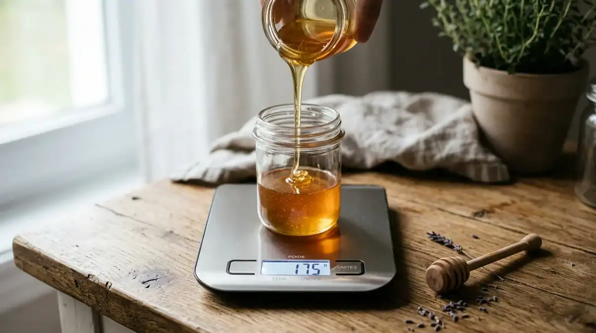 Miel doré versé dans un pot en verre posé sur une balance de précision