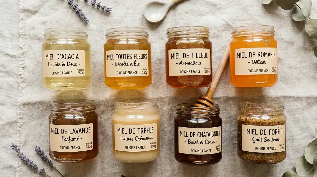 Plusieurs pots de miel de couleurs variées, liquides et cristallisés