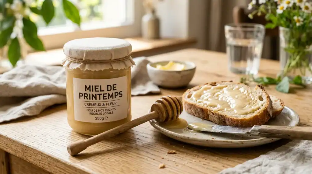 Miel de printemps crémeux coulant d'une cuillère en bois entouré de fleurs printanières