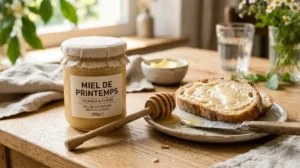 Miel de printemps crémeux coulant d'une cuillère en bois entouré de fleurs printanières