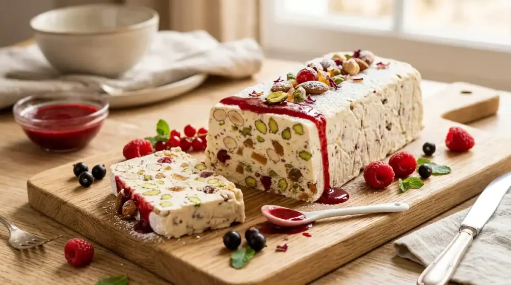 Nougat glacé maison au miel et fruits secs servi avec coulis de fruits rouges