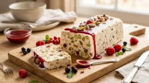 Nougat glacé maison au miel et fruits secs servi avec coulis de fruits rouges