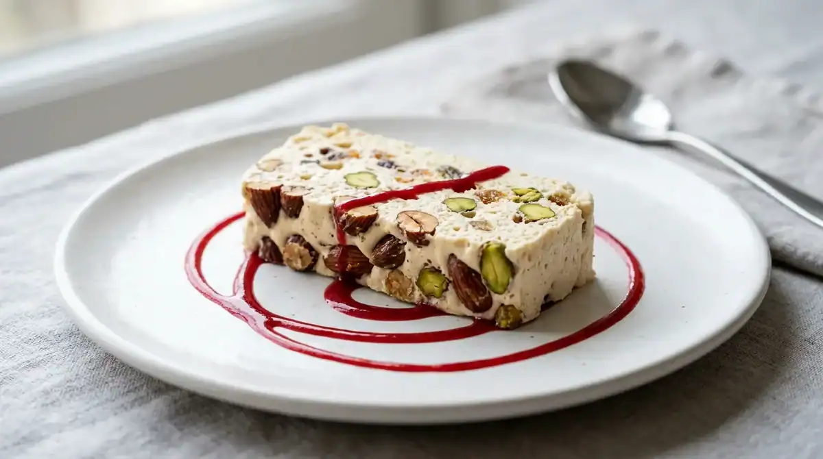 Tranche de nougat glacé maison aux fruits secs avec coulis de fruits rouges