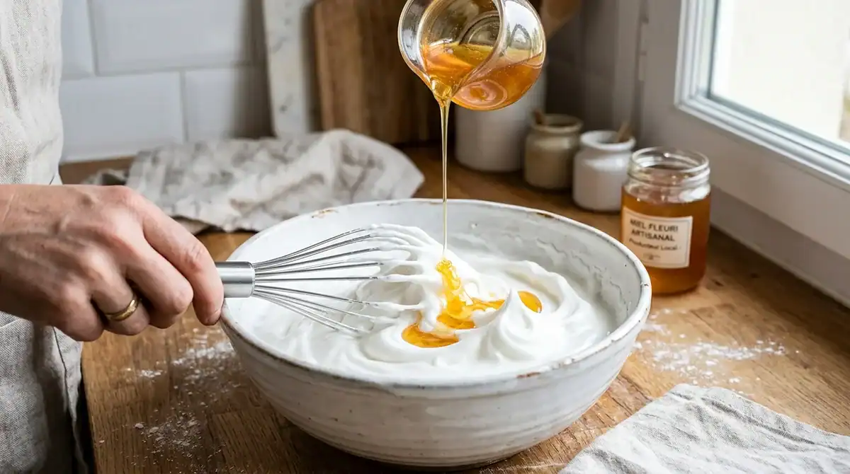 Meringue au miel en préparation pour un nougat glacé maison