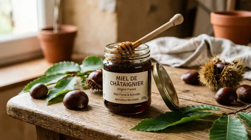 Pot de miel de châtaignier foncé avec châtaignes et feuilles sur table en bois