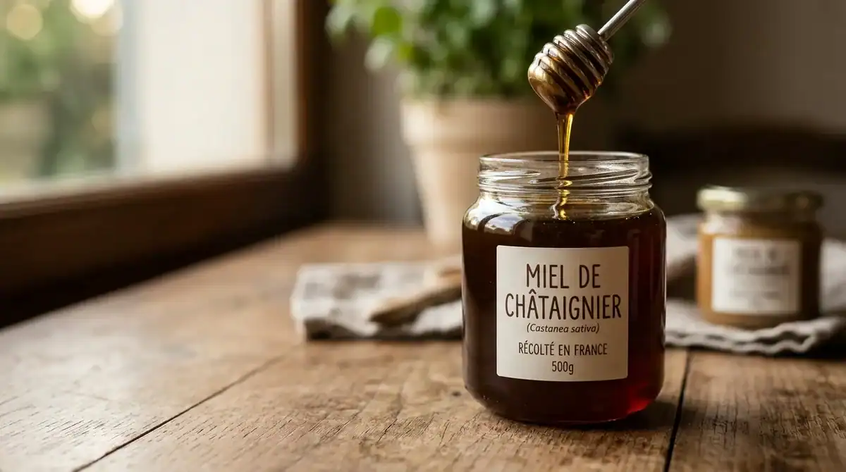 Pot de miel de châtaignier foncé et liquide avec une cuillère