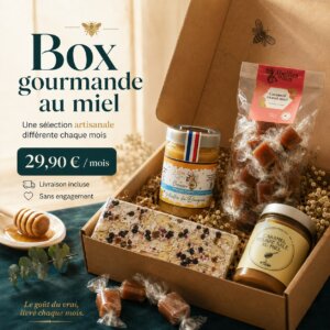 Box gourmande au miel avec miel, nougat, caramels et pâte à tartiner artisanaux – abonnement mensuel Des Abeilles et Vous