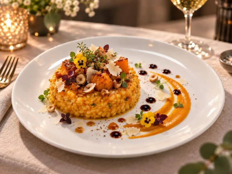 Risotto de potimarron au miel de châtaignier, noisettes torréfiées