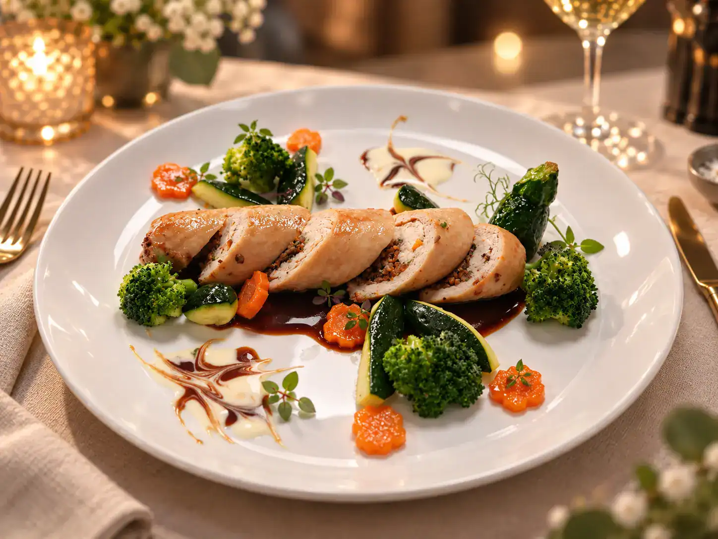 Tranches de ballotine de poulet au miel d’été nappées d’un jus brillant, accompagnées de légumes rôtis