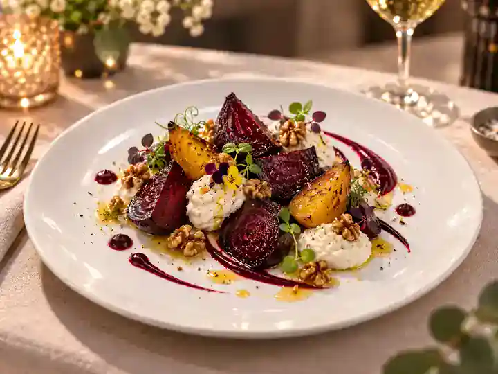 Betteraves rôties au miel de printemps, chèvre fouetté et noix