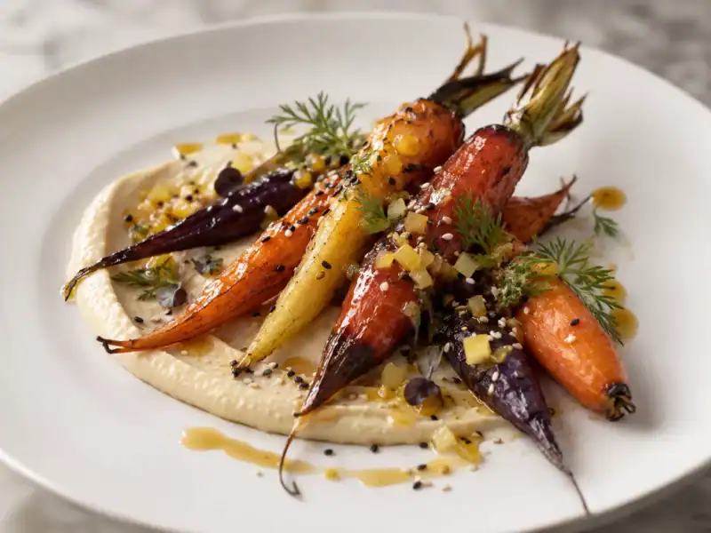 Carottes rôties au miel de châtaignier, crème de sésame et citron confit