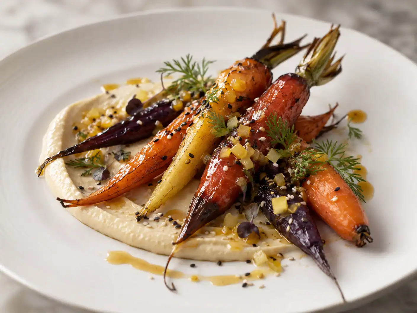 Carottes rôties au miel de châtaignier, crème de sésame et citron confit