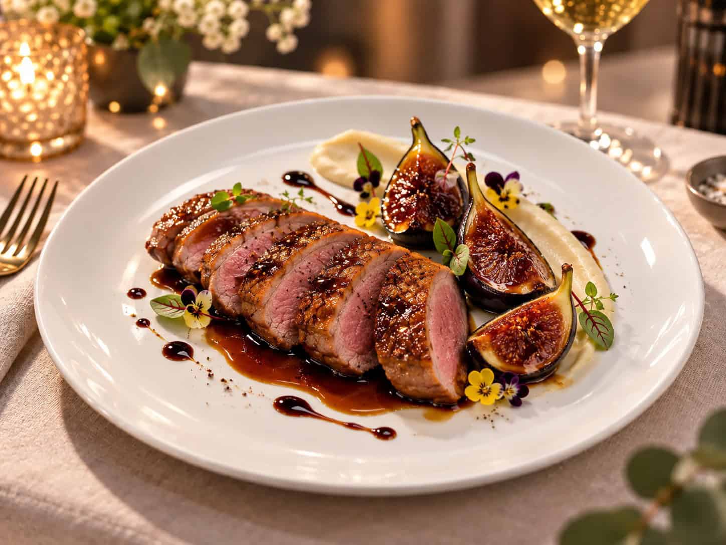Magret de canard au miel de forêt, figues rôties et jus balsamique