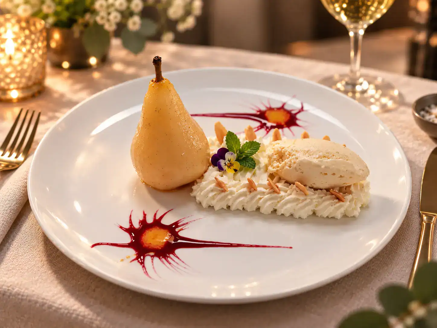 Poire pochée au miel et à la vanille, chantilly, quenelle de glace miel citron vert, jus de framboise et amandes grillées