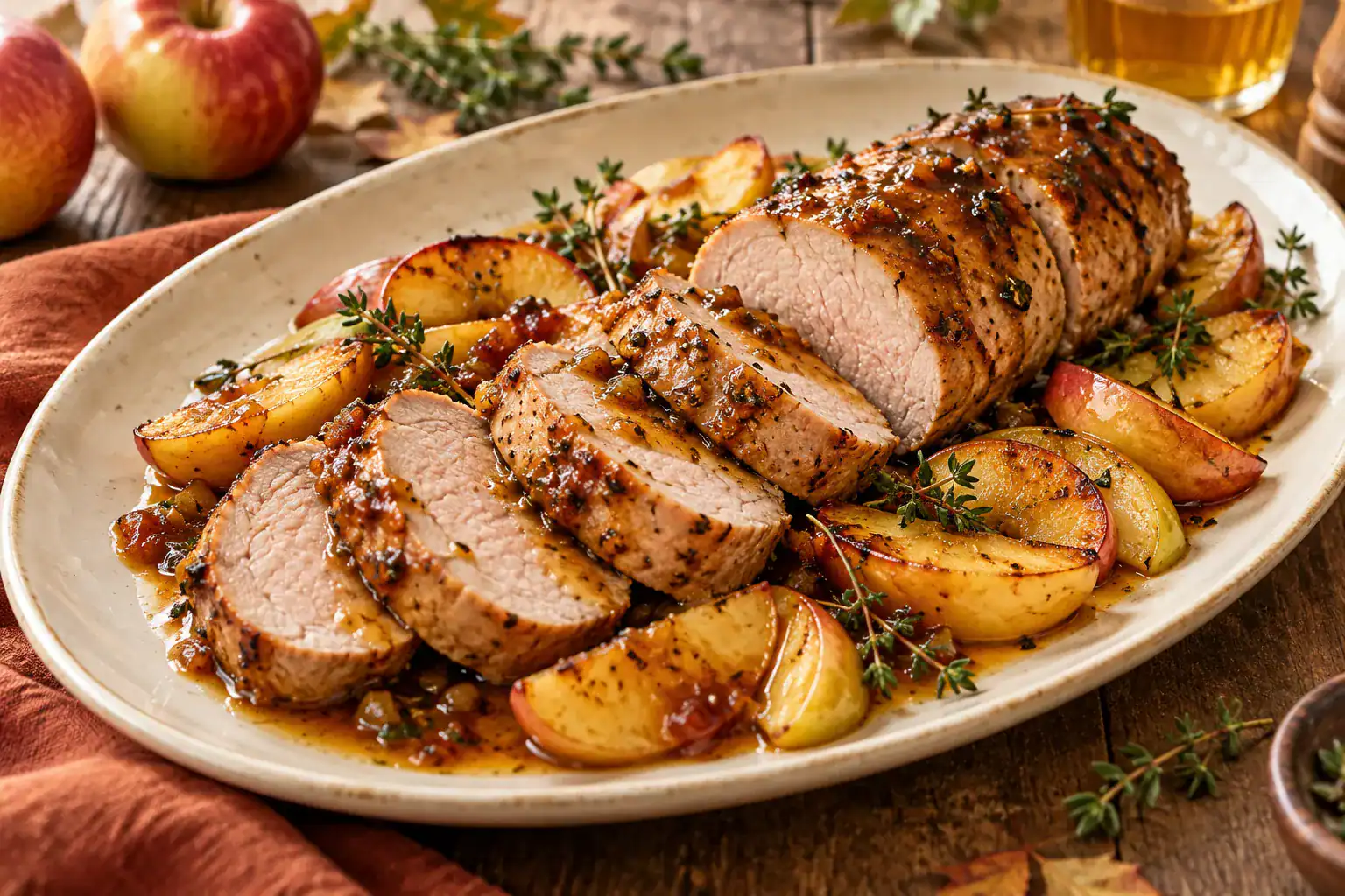 Filet mignon de porc au miel de forêt, pommes et cidre