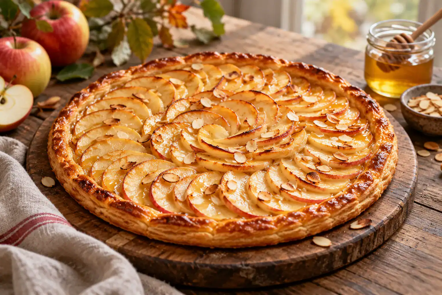 Tarte fine aux pommes, miel d’acacia et amandes