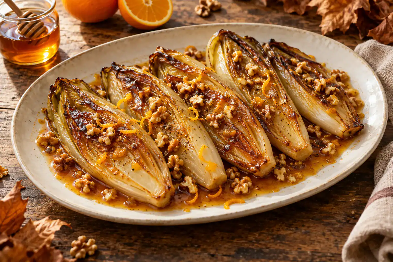 Endives braisées au miel de châtaignier, orange et noix