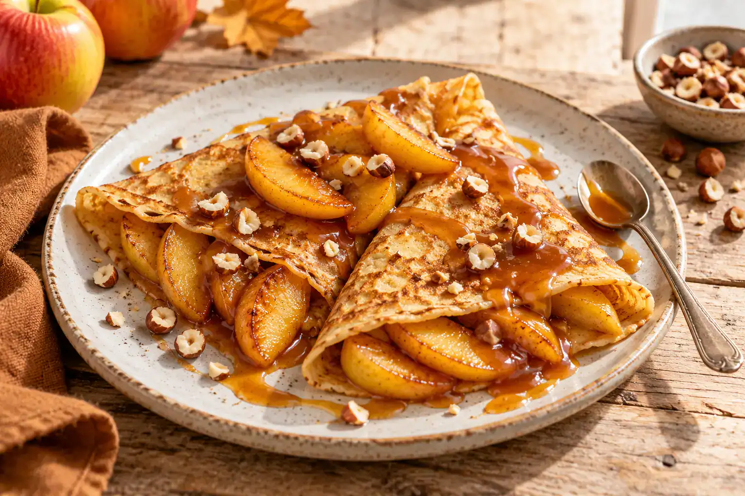 Crêpes au miel, pommes poêlées et caramel au beurre salé