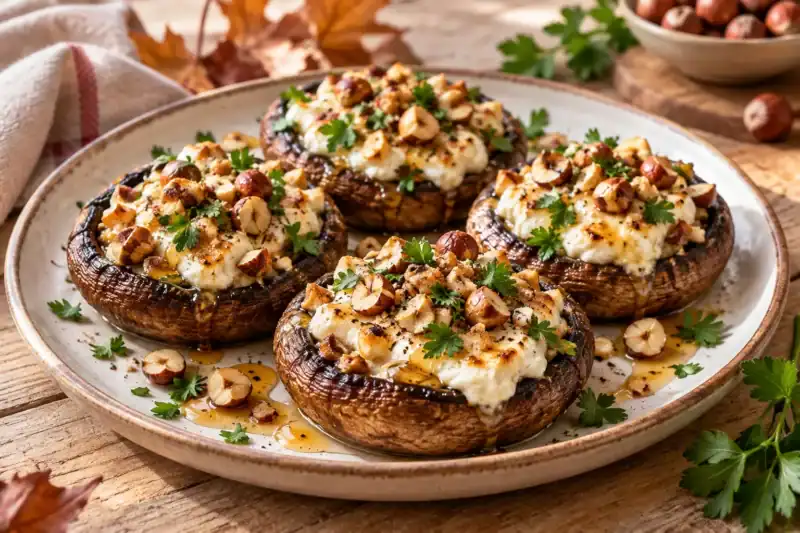 Champignons farcis au chèvre, miel de forêt et noisettes