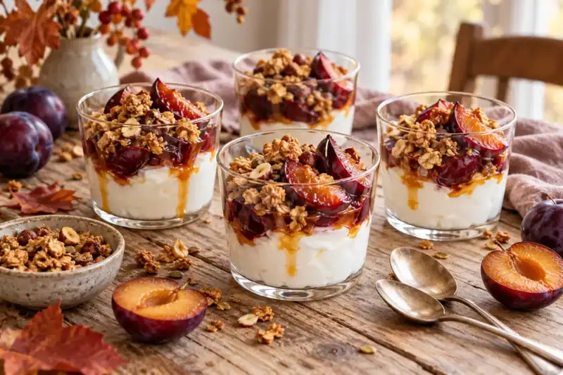 Verrines de fromage blanc, prunes poêlées et caramel au miel