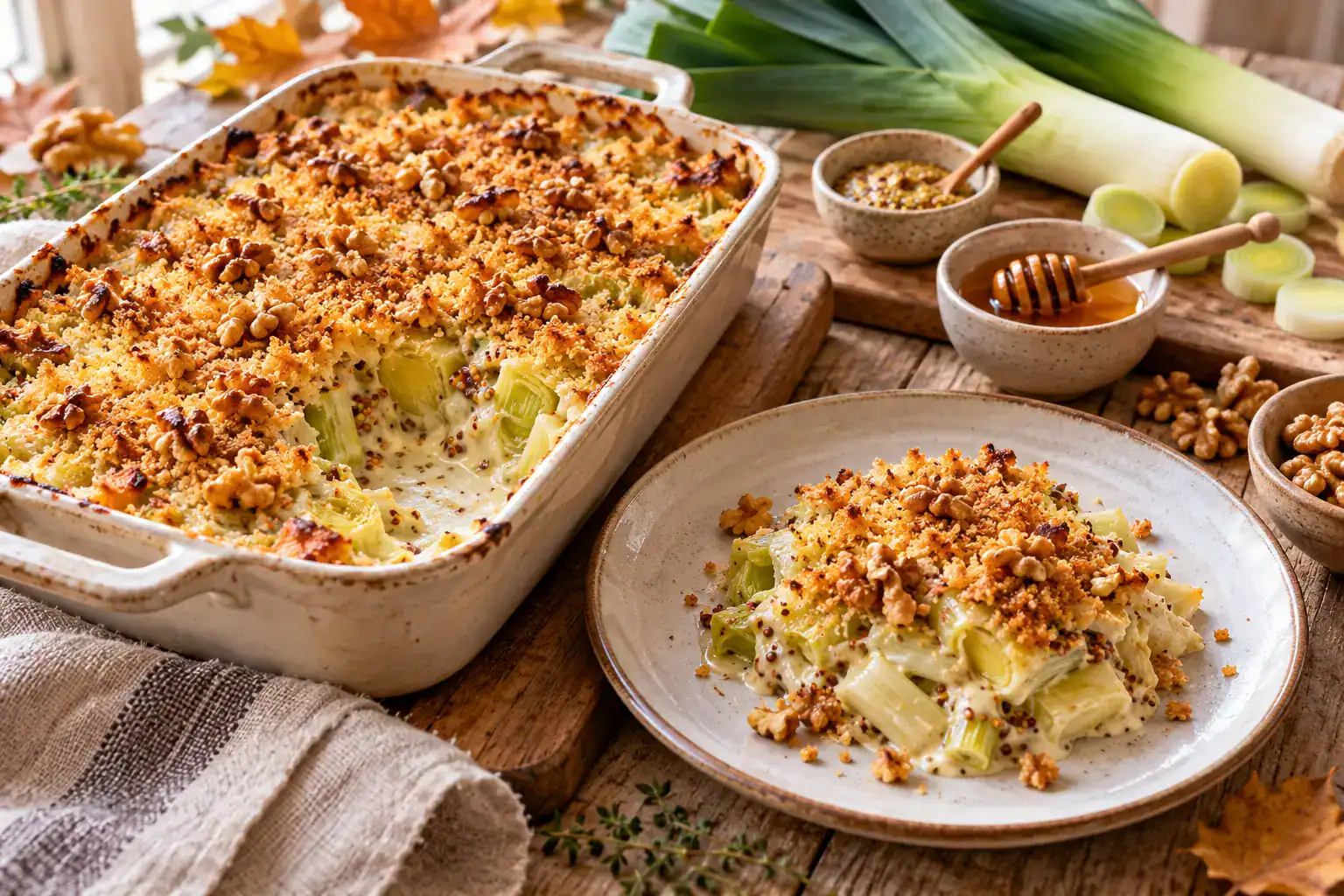 Gratin de poireaux au miel de printemps, moutarde et noix