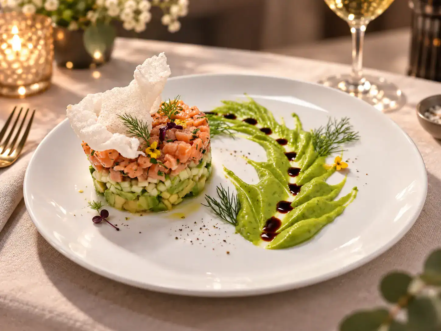 Tartare de saumon, avocat et pomme Granny Smith en trois étages, chips de riz et sauce verte au basilic ponctuée de velours balsamique